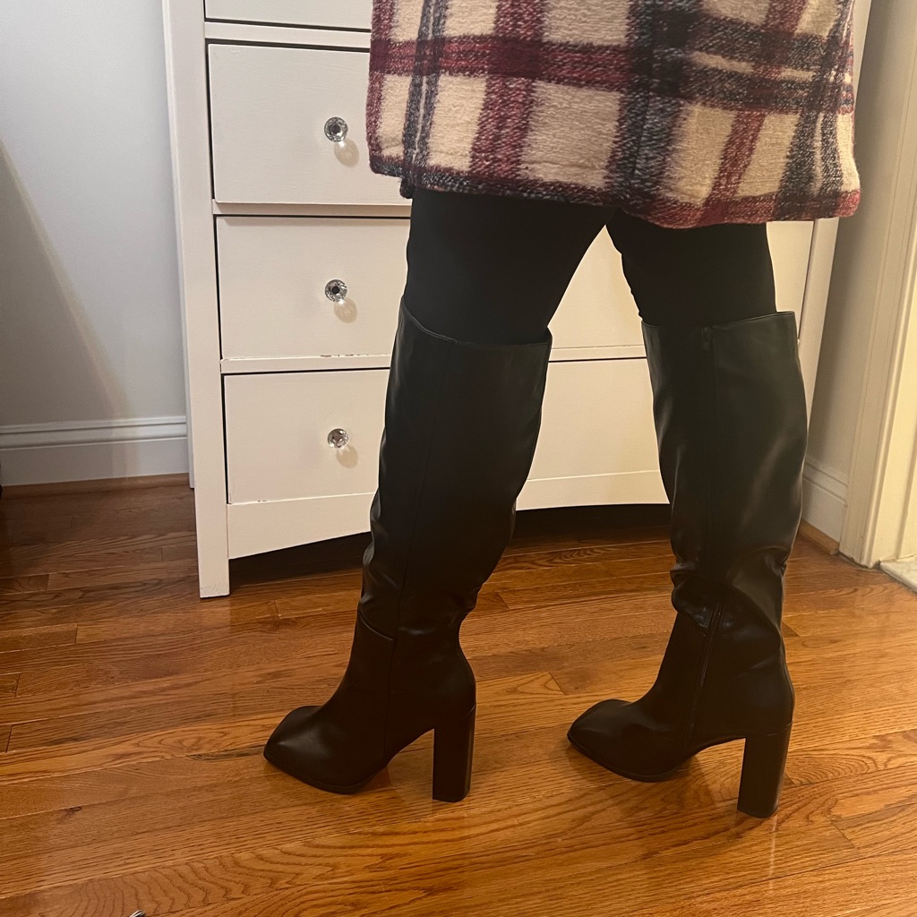Pretty Little Thing Black Square Toe High Heel Knee Boots Size 9